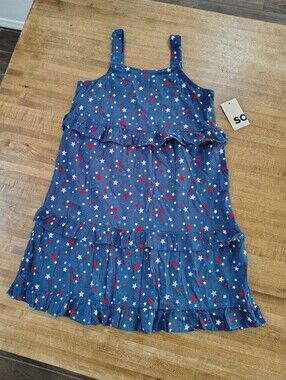 SO Navy Blue Star Print Tiered Ruffle Dress Red & White Stars NWT Size 10/12